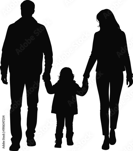 Black silhouette of happy family walking together and holding hands with young child isolated on white background, lifestyle
