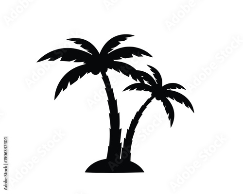 Minimalist illustration depicting a duo of black palm trees, signifying a peaceful escape to a tropical paradise, ideal for designs related to leisure and distant shores