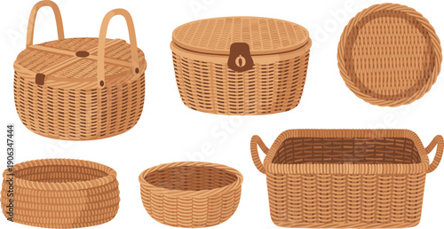 Wicker Basket Collection Set Isolated on White Background Flat Vector Illustration