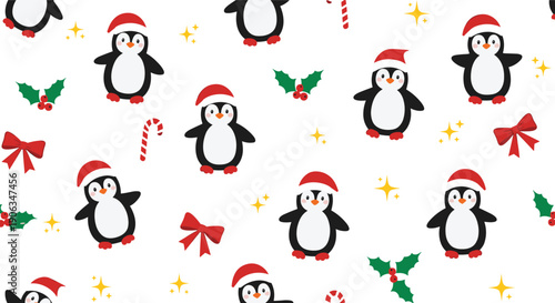Cute Christmas penguin seamless pattern vector with santa hats candy canes bows holly and sparkles isolated on white background