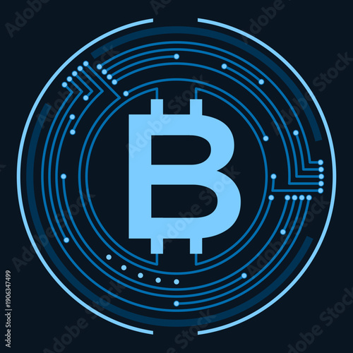 Blue bitcoin logo on circuit board background, digital cryptocurrency concept, futuristic blockchain technology vector illustration.