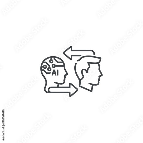 Illustration of human head interacting with AI head, showcasing technology integration and futuristic design concepts in a simple graphic representation