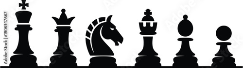 Black silhouette set of classic chess pieces including king queen knight rook bishop and pawn on white background, strategy