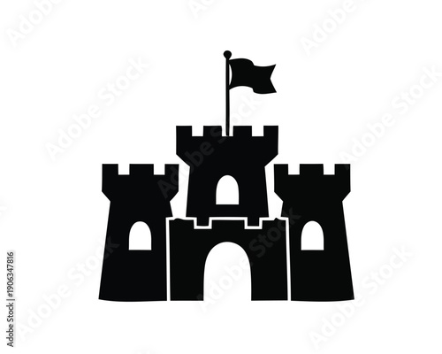 Bold graphic icon of a classic fortified castle featuring battlements and a banner, representing historical architecture, power, and classic fantasy settings