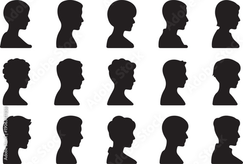 Collection of 15 black silhouette profiles of people's heads and shoulders on a white background