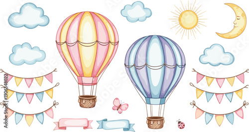 Cute hot air balloon nursery vector set with clouds sun moon bunting banners butterflies and pastel sky decorations isolated