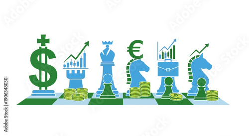 Financial Strategy Chess Game with Currency Symbols and Graphs