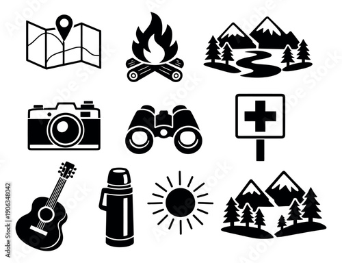 Solid silhouette outdoor adventure set featuring camping gear and travel essentials for nature trips