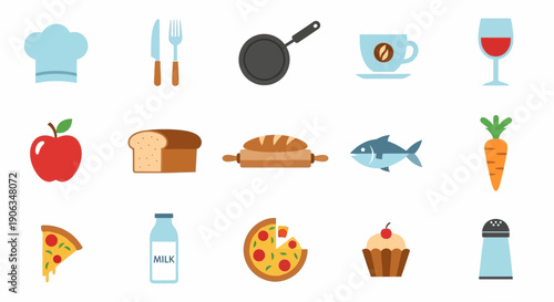 Food and Cooking Icons: Chef Hat, Utensils, Frying Pan, Coffee, Wine