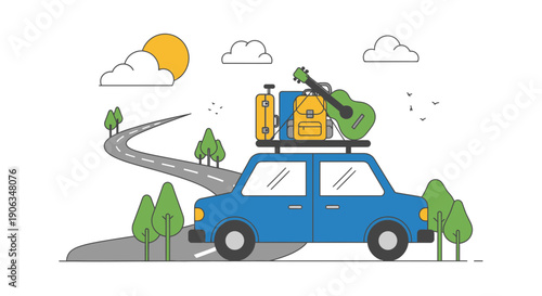 Road trip adventure with car, luggage, and guitar