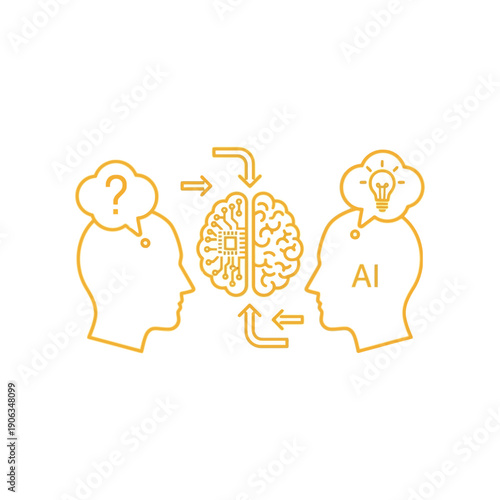Illustration of human and AI brains exchanging ideas and learning from each other.