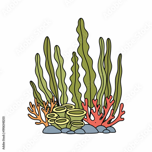 A colorful cartoon illustration of underwater seaweed and coral