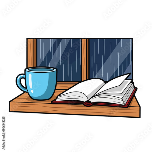 A cozy scene with a cup and book on a windowsill