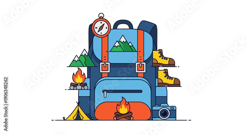 Adventure Backpack with Camping Gear, Mountains, Fire, Boots