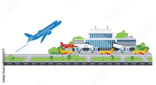 Airport terminal with airplanes taking off and landing, illustration