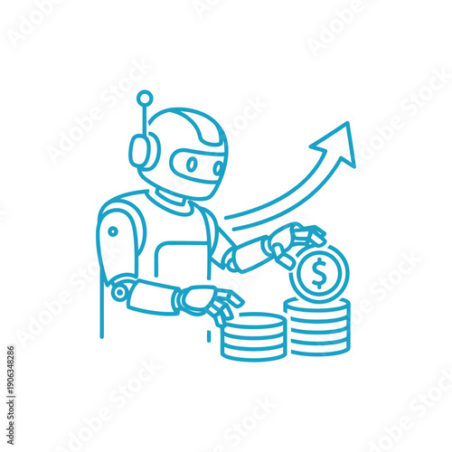 Robot increasing financial stacks with coin, symbolizing rising investment and economic growth.