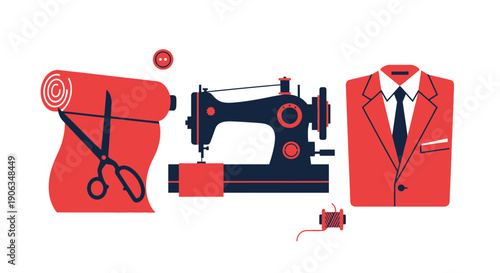 Tailoring and Sewing Concept: Suit, Machine, Fabric, Scissors