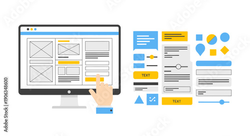 Web Design UI UX Elements and Desktop Wireframe Mockup