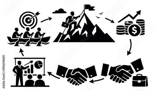 Iconic business process set featuring teamwork, goal achievement, financial growth, partnership, and strategic presentation for success and development