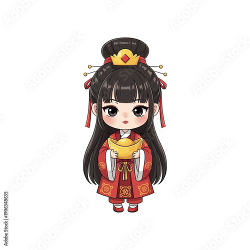A cartoon girl in traditional Chinese clothing holds a gold ingot on a white background.