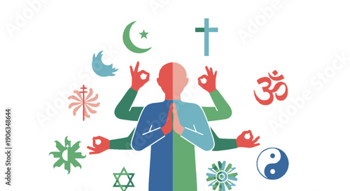Spiritual Harmony: Diverse Religious Symbols Around Multitasking Person