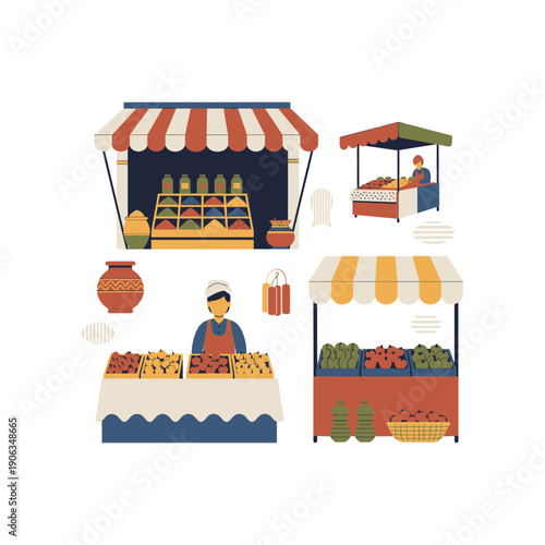 Vendors sell food and produce at a market with colorful stalls and awnings.