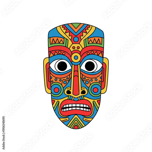 Vibrant colorful tribal mask illustration on white background with patterns