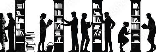 Black silhouette set of people reading books and browsing bookshelves in library isolated on white background for education,
