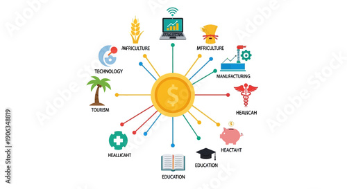 Business Diversification Infographic: Money Hub with Industry Icons