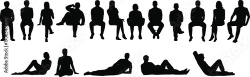 PrintBlack silhouette set of people sitting and lying down in various relaxed poses isolated on white background for design,
