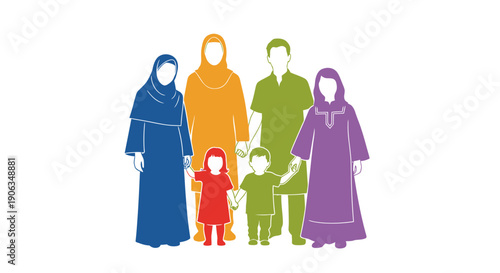 Diverse Muslim Family Silhouette, Unity, Culture, Multiethnic Group