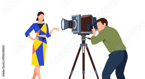 Fashion Model Posing for Photographer with Vintage Camera