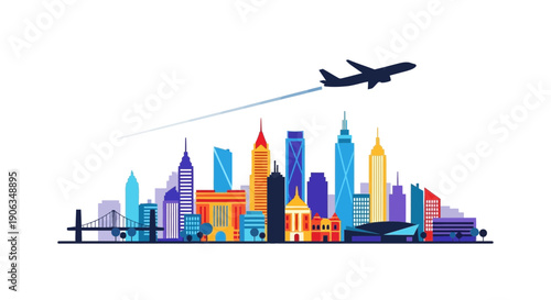 Airplane flying over colorful cityscape with modern buildings