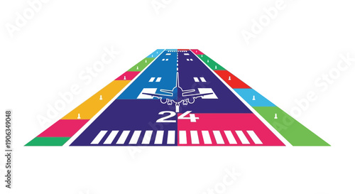 Airport runway with airplane silhouette and colorful approach lights