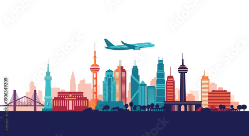 Modern City Skyline with Airplane Flying Over Buildings