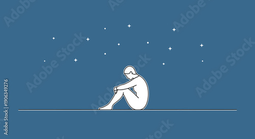 Solitary human figure in contemplation under a sparse starry expanse against a deep blue background representing isolation melancholy and the