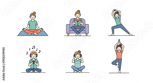 Woman Engaged In Various Relaxation Activities Including Yoga Meditation Reading And Listening To Music