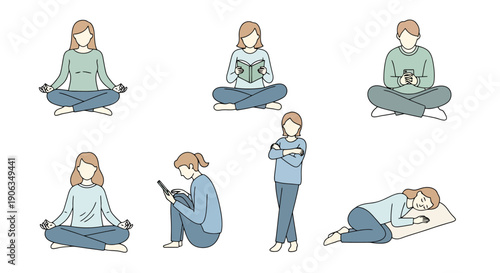 Diverse Group Of People Engaging In Various Relaxed Activities Depicted With Simple Flat Line Art Style And Pastel Colors For Modern Lifestyle
