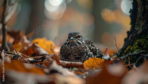 A camouflaged nightjar bird resting on a forest floor amidst fallen autumn leaves, blending perfectly with its surroundings.
