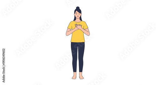 Young Woman Standing with Hands Over Heart Center Expressing Gratitude or Compassion on a White Background