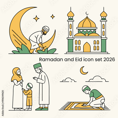 Ramadan and Eid Icons: Set of symbolic illustrations conveying the essence of the Ramadan and Eid celebrations, with elements such as the mosque, crescent moon and community.