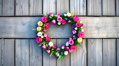 Heart-Shaped Vibrant Floral Wreath Mounted on a Rustic Weathered Wood Fence