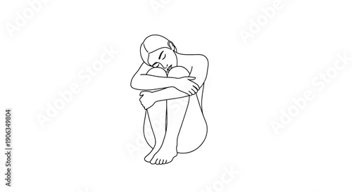 Minimalist Line Art Person Embracing Knees in Contemplative Pose Isolated on White Background Simple Sketch Style