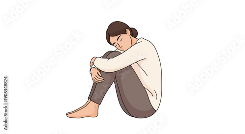 Young Woman in Casual Clothes Sitting Curled Up Isolation Concept Person Feeling Sadness Stress or Depression Against White Background Simple Clean