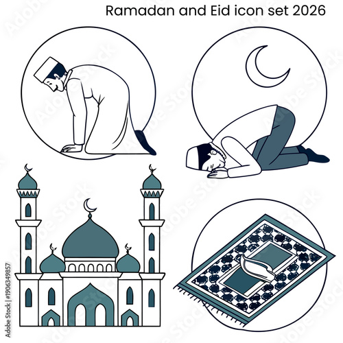 Ramadan and Eid Icon Set: A collection of symbolic icons representing the spirit of Ramadan and Eid celebrations, with elements such as prayer, mosque, and crescent moon.