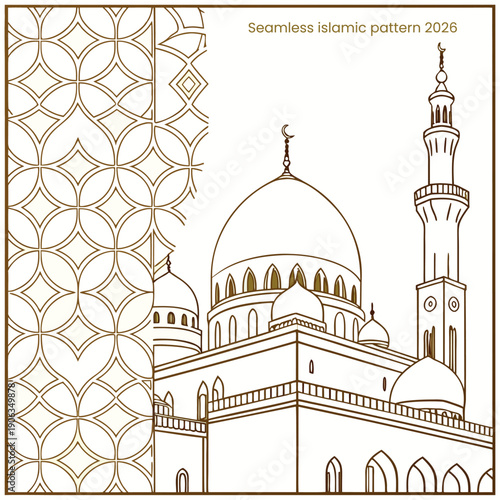 Islamic Mosque: An intricate architectural illustration, showcasing the grace and grandeur of a mosque, accompanied by a geometric seamless pattern.