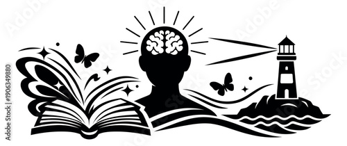 Graphic illustration of a human head, open book and lighthouse depicting knowledge, inspiration and guidance for education and self-improvement