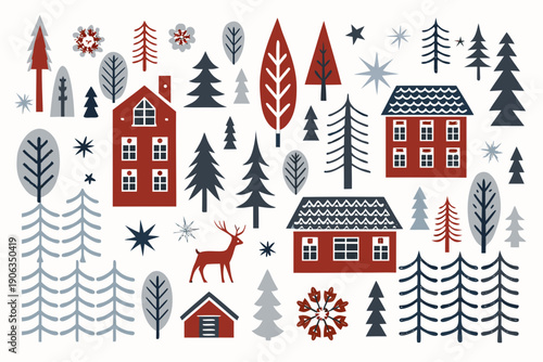 Festive winter scene featuring stylized houses trees and reindeer
