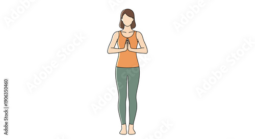Woman Performs Mountain Pose With Hands Clasped At Chest For Yoga And Meditation Practice On White Background