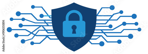 Conceptual illustration of a security shield and padlock depicting data protection for network cyber security